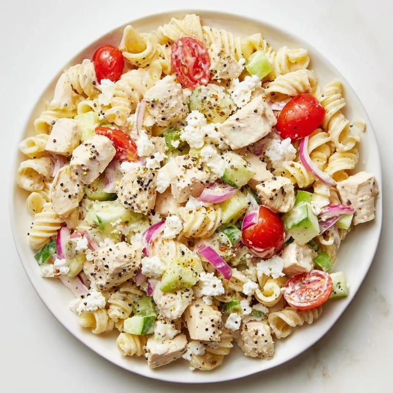 This Everything Bagel Chicken Pasta Salad shows off colorful vegetables like tomatoes and red onion in a delicious meal.