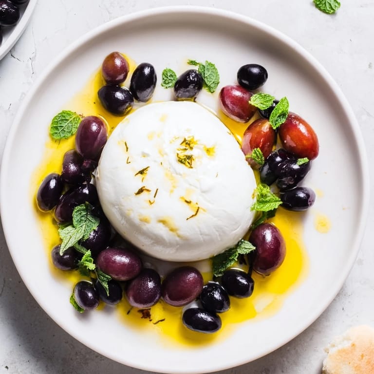 Close-up of the Moonlit Lagoon salad, showcasing the sweet blueberries and a glistening burrata center.