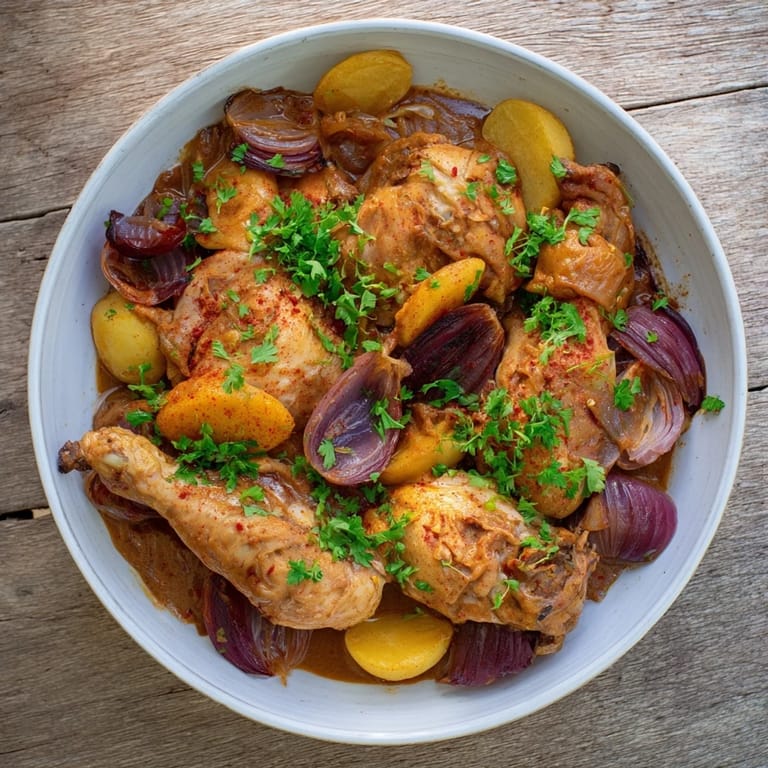 A close up shows the delicious, browned chicken thighs in this Southern-style Georgia Pot Roast.