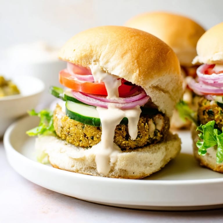 Stack of delicious baked falafel sliders, boasting fresh herbs and a creamy tahini drizzle.
