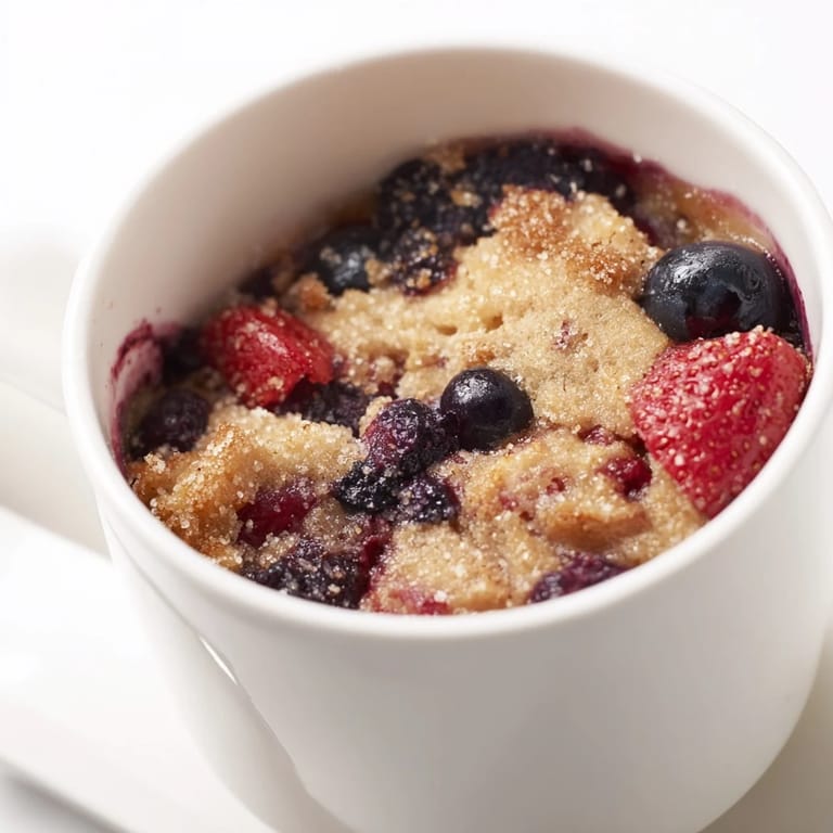This Mixed Berry Cobbler Mug Cake photo highlights a single serving ready in minutes, so delicious!