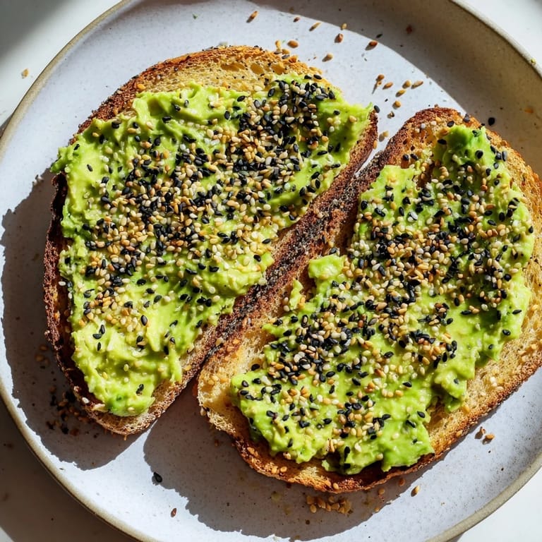 Close-up of fresh avocado toast with everything seasoning, ready in minutes for a tasty snack.