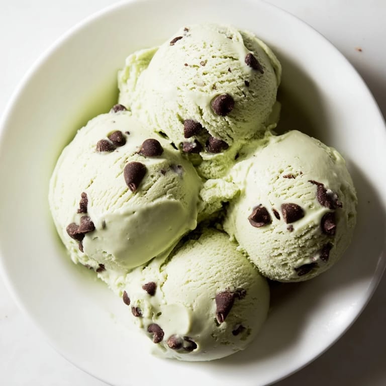 A close-up of homemade Mint Chocolate Chip Ice Cream, showing vibrant green and chocolate pieces.