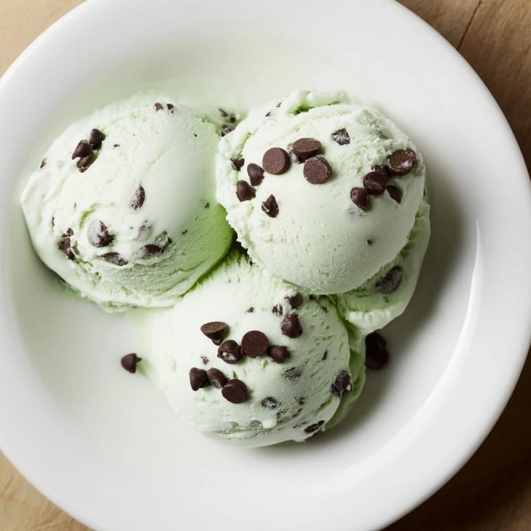 Scoops of Mint Chocolate Chip Ice Cream, garnished and ready to be enjoyed on a warm, sunny day.