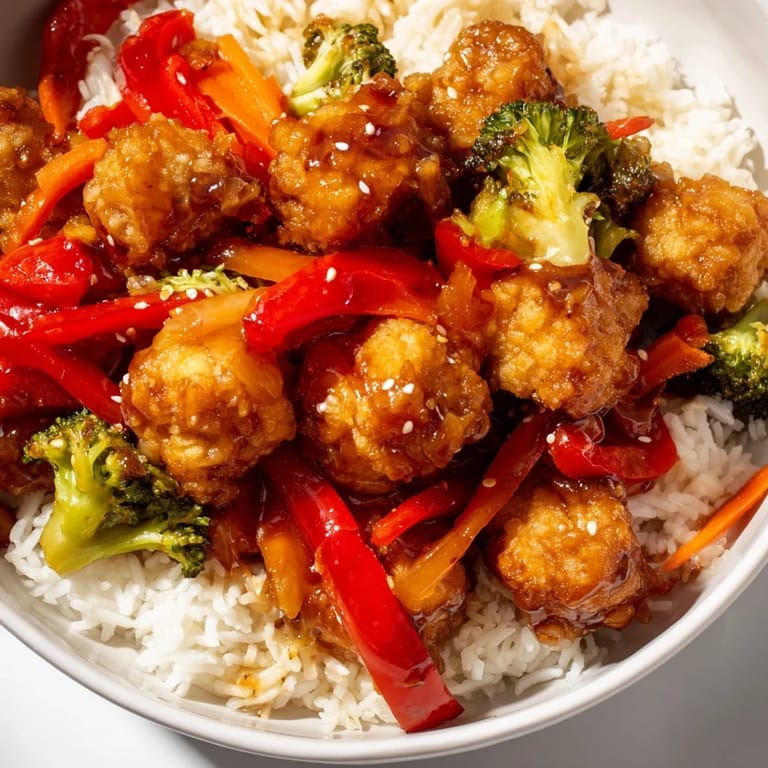 Vivid image: A steaming bowl of honey garlic tofu, with glistening sauce, sesame seeds, and fresh green onions.