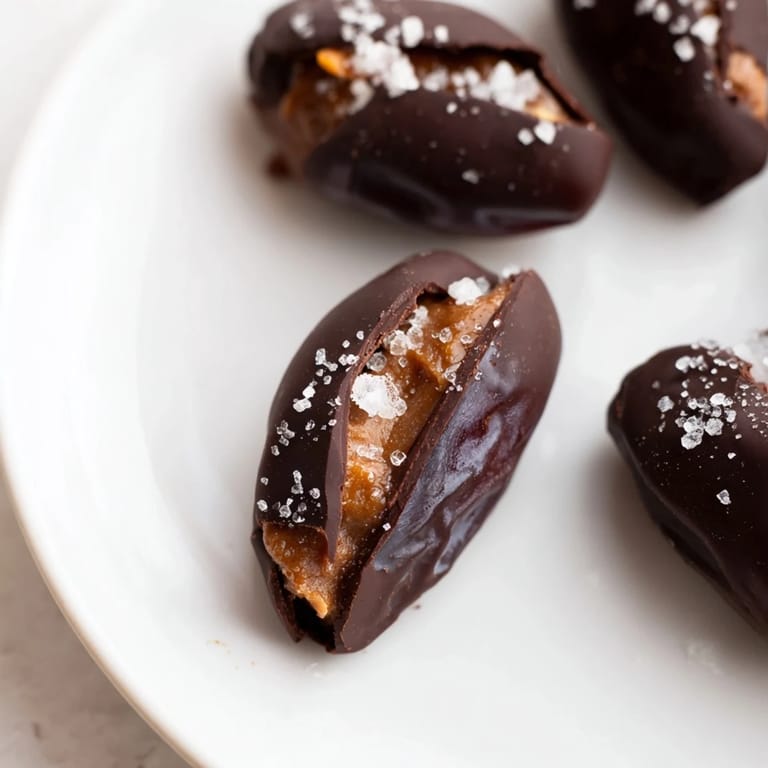 These decadent Chocolate Date Snickers are perfectly coated in dark chocolate and sprinkled with sea salt.