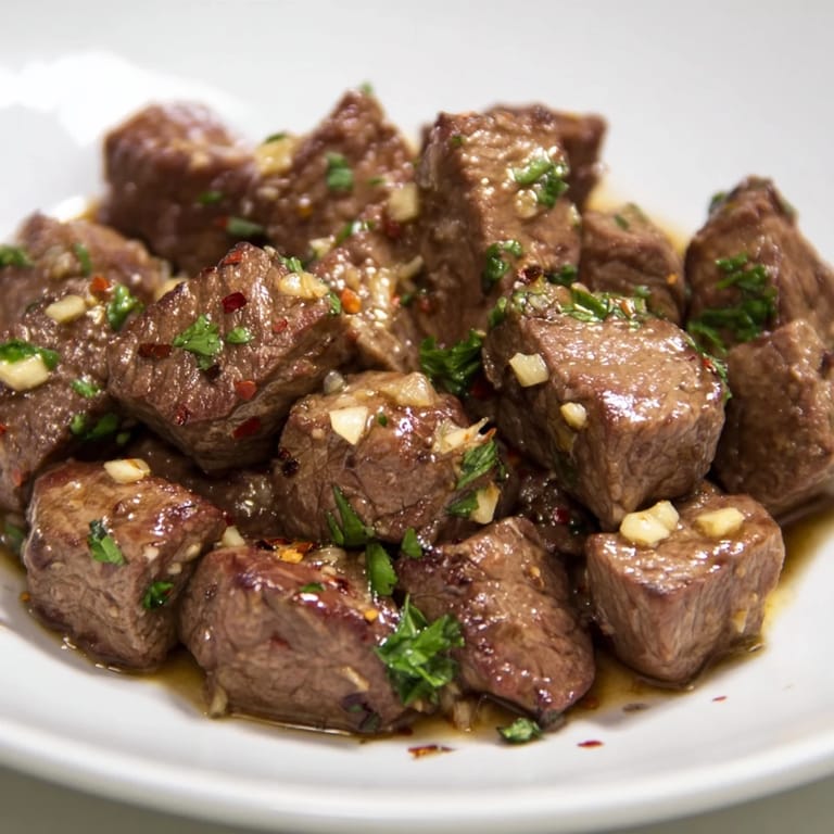 Tender, seared Garlic Butter Steak Bites, aromatic with herbs, ready to be enjoyed.