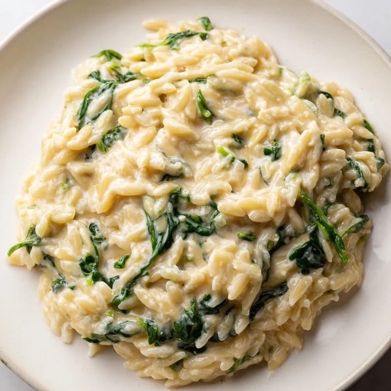 Fresh spinach and Parmesan atop a bowl of creamy spinach orzo, a delicious, Italian-inspired meal.