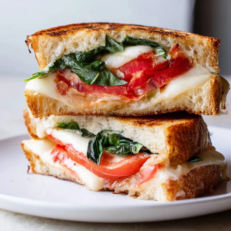 Warm, gooey Tomato Basil Grilled Cheese, showcasing ripe tomato slices and crispy, toasted bread.