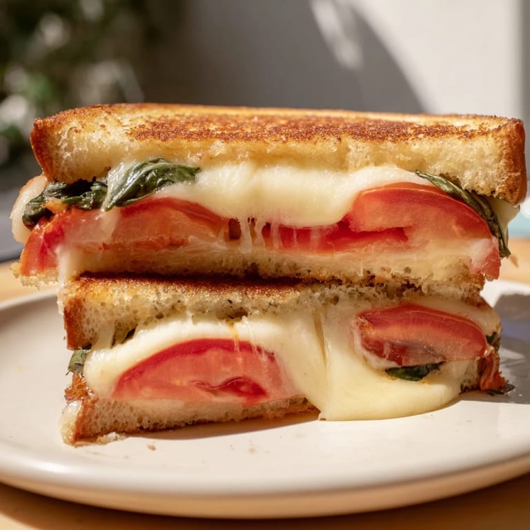Close-up of a perfectly toasted Tomato Basil Grilled Cheese, ready to be sliced and enjoyed warm.