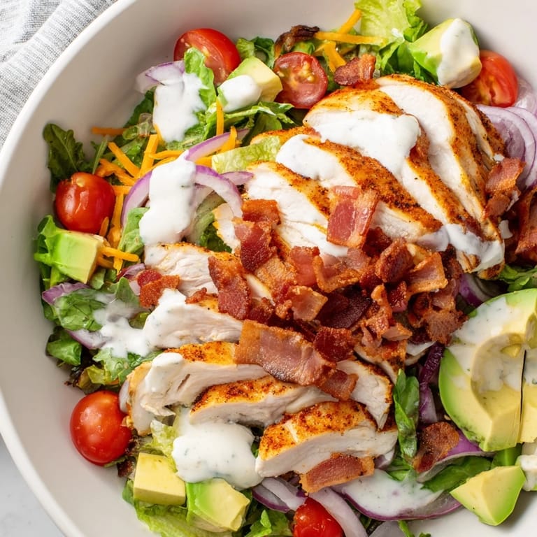 A colorful bowl of Crispy Bacon Chicken Salad, showing juicy chicken and creamy ranch dressing.