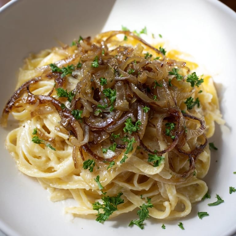 Creamy, cheesy One-Pot French Onion Pasta, ready for a comforting bite from this easy recipe.
