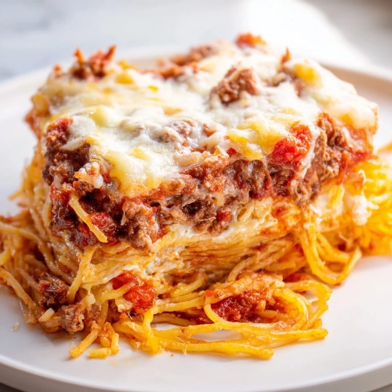 Sizzling, cheesy layers of Million Dollar Spaghetti, a comforting weeknight meal with meat sauce and Alfredo.