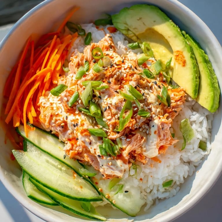 Flaky canned salmon tossed in spicy sriracha mayo over fluffy rice in this vibrant bowl.
