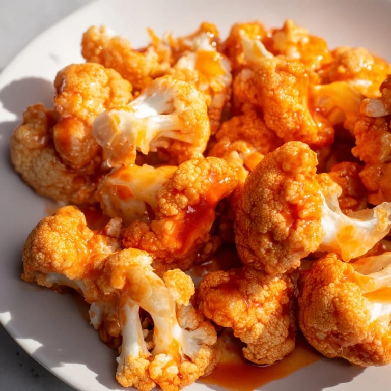 Spicy, crispy Buffalo Cauliflower Bites coated in a vibrant, reddish-orange buffalo sauce, served with carrot sticks.