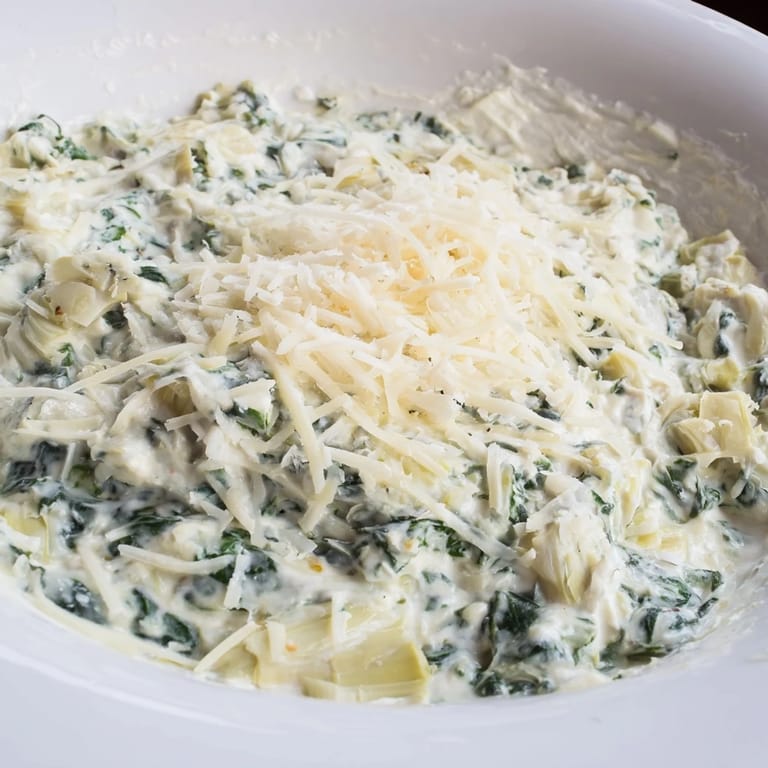 Close-up of creamy Spinach Artichoke Dip, showing melted cheese and tender artichoke pieces.