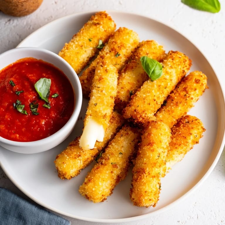 Enjoy quick and easy air fryer mozzarella sticks: a vegetarian appetizer ready in minutes.