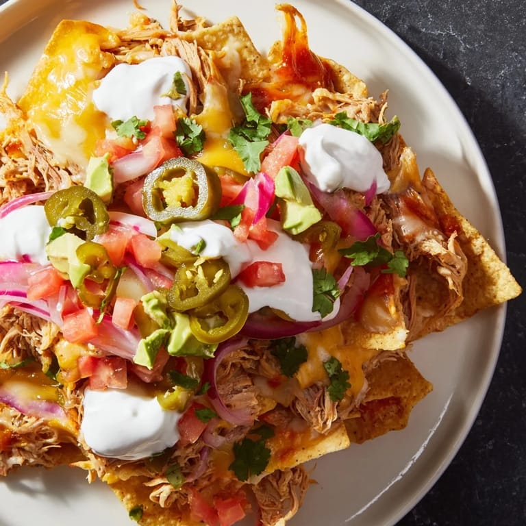 A full platter of delicious Loaded Nachos piled high with pulled pork, queso, and fresh toppings.
