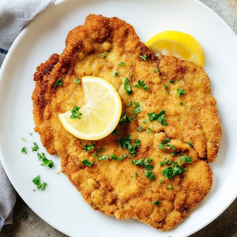 A delicious close-up of freshly cooked Wiener Schnitzel, hinting at its perfect, breaded exterior.