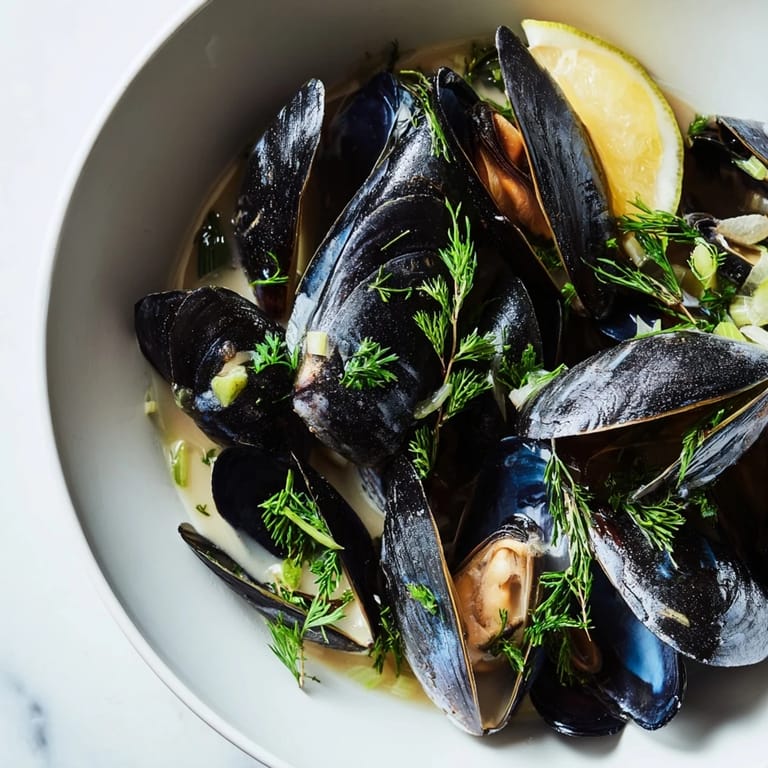 Enjoy a comforting plate of Belgian Moules Marinière, ready to be paired with crusty bread for dipping.