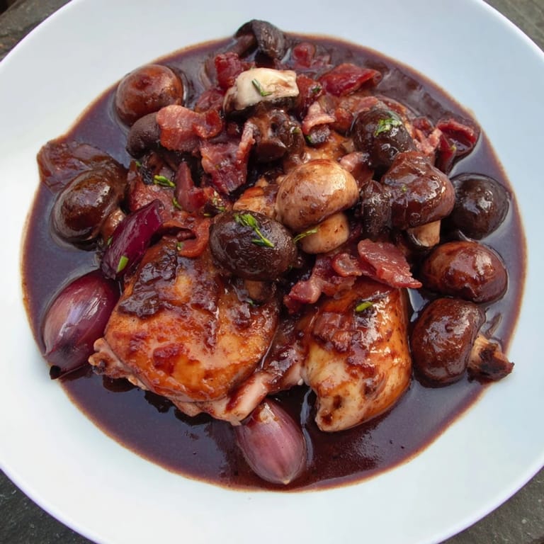 Golden-brown chicken pieces simmered in red wine: this delicious Coq au Vin is finished perfectly.