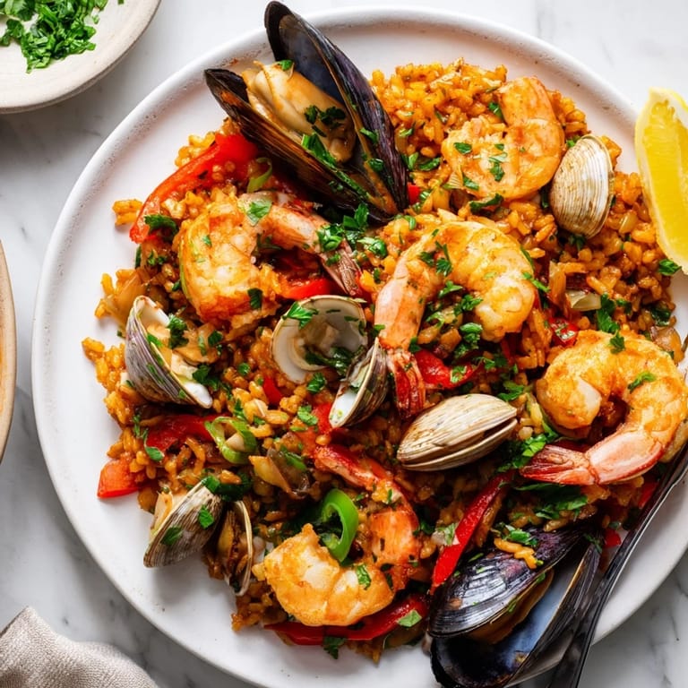 A close-up of a steaming pan of colorful Spanish Seafood Paella with mussels and clams.