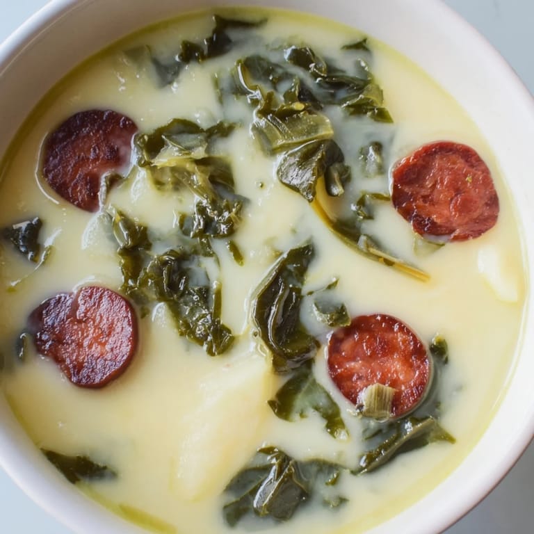Close-up of hearty Portuguese Caldo Verde, a creamy potato soup with savory, smoky chorizo slices.