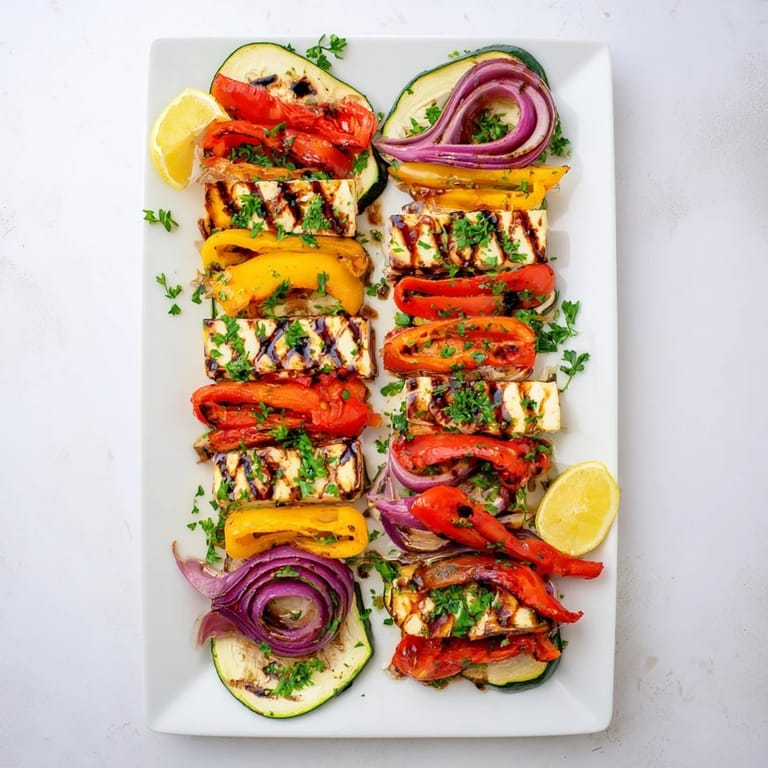 A Mediterranean halloumi cheese steak featuring golden grill marks, tender vegetables, and bright lemon wedges for squeezing.