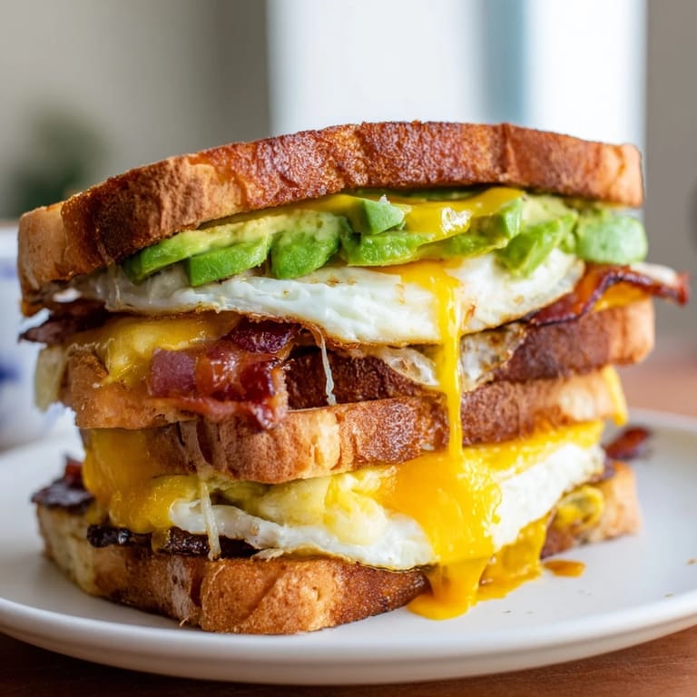 Hearty Loaded Breakfast Sandwich served on a wooden cutting board, featuring juicy tomato slices and crisp bacon, ready to be enjoyed with a side of coffee.
