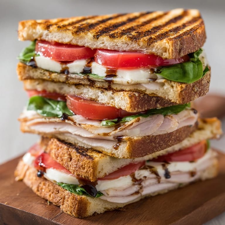 Grilled Panini Press Innovations BBQ chicken panini with pepper jack and onions, sliced on a board.