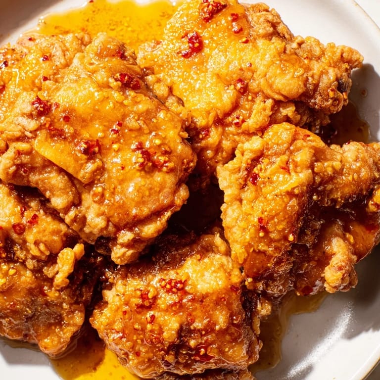 A platter of golden fried chicken thighs tossed in luscious hot honey butter sauce, paired with pickles and soft rolls for a savory meal.