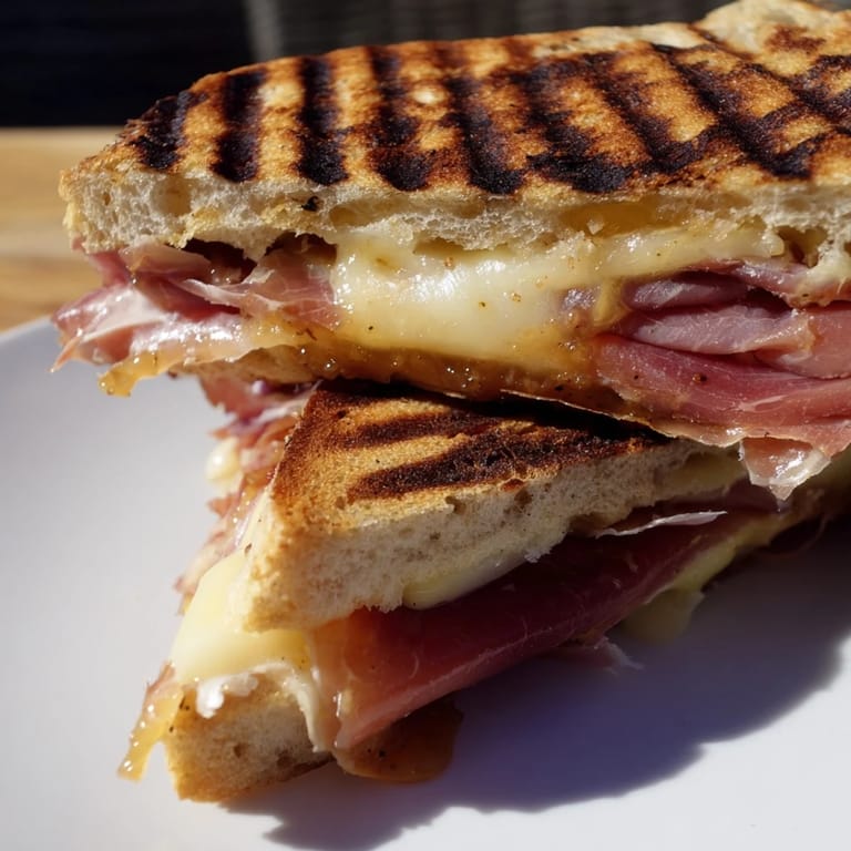 Rustic Crispy Prosciutto & Fig Panini served warm with arugula and a glass of white wine.