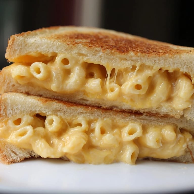 Two halves of a Mac & Cheese Grilled Cheese sandwich stacked on a cutting board, showing the creamy macaroni and cheddar inside.  