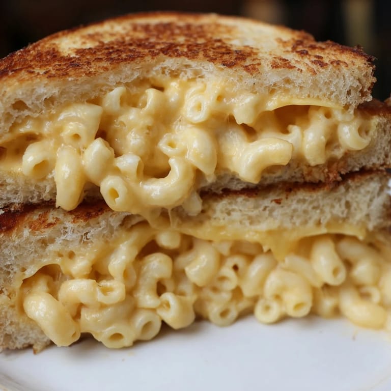 A macro shot of a Mac & Cheese Grilled Cheese sandwich, highlighting the buttery, golden-brown crust and the gooey macaroni filling.