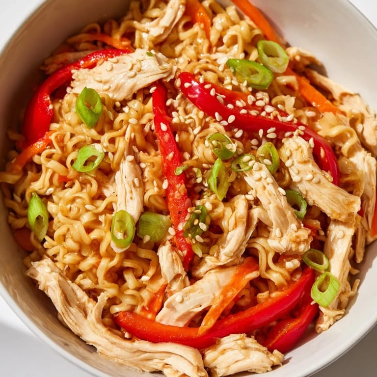 Spicy Ramen Stir-Fry served in a white bowl, garnished with green onions and toasted sesame seeds for a perfect weeknight meal.