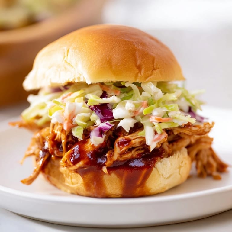 Golden toasted mini buns brimming with tender smoky BBQ chicken and crunchy, fresh vegetable slaw, ready to serve.