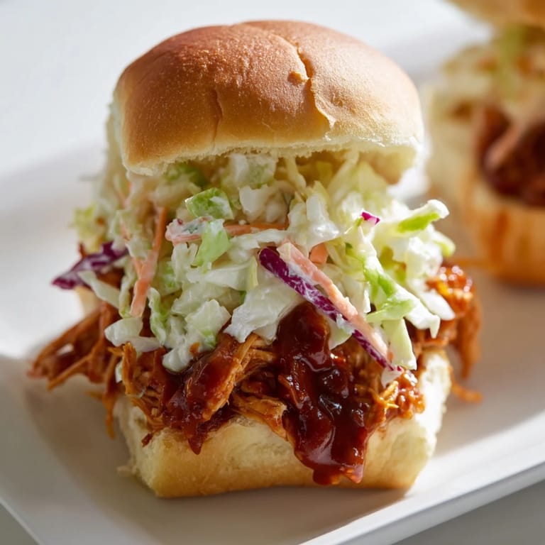 Homemade BBQ chicken sliders with vibrant slaw, ideal for game day gatherings or easy weeknight family dinners.