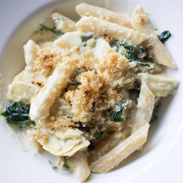 A comforting Artichoke Pasta Bake with penne, spinach, and artichokes in rich cream sauce, ready to serve.