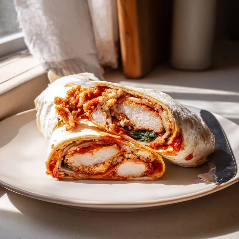 Crispy Chicken Parm Wrap served warm, cut in half to show the gooey cheese and rich tomato sauce inside the golden tortilla.