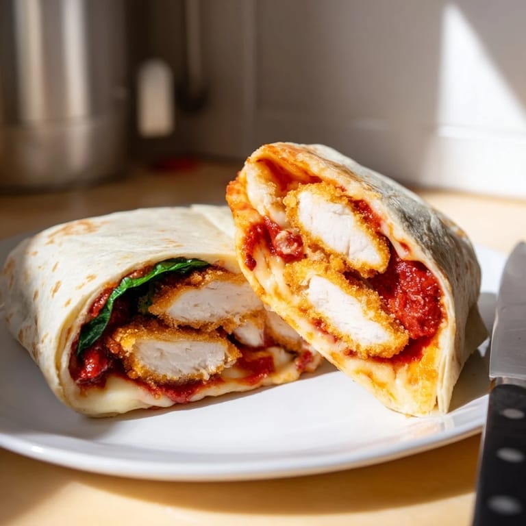 A close-up view of the Crispy Chicken Parm Wrap with fresh basil, extra marinara for dipping, and a side salad on a rustic table.