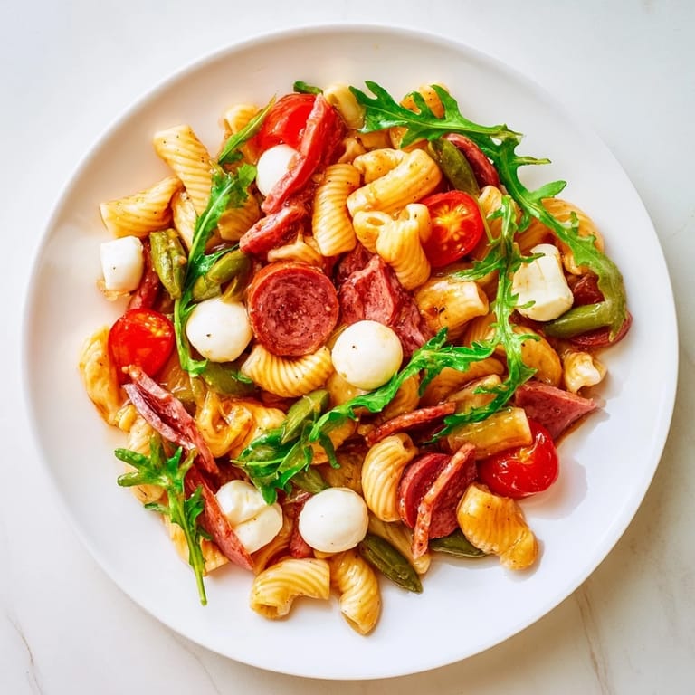 A vibrant Spring Antipasto Pasta Salad featuring ditalini, cherry tomatoes, red onion, and creamy mozzarella pearls tossed in a bright lemon-oregano vinaigrette.