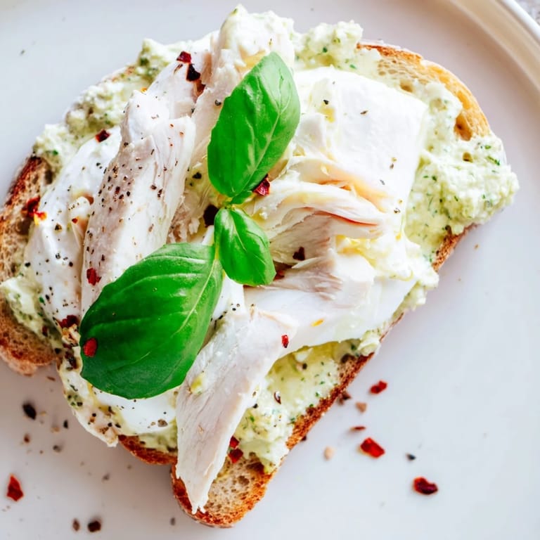 Warm pesto chicken burrata toast served on a white plate with basil leaves and cracked black pepper.
