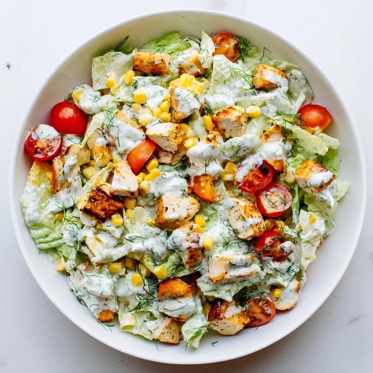 Freshly chopped Ranch Chicken Chopped Salad served in a rustic bowl, featuring juicy tomatoes, cool cucumber, and a sprinkle of chives.  