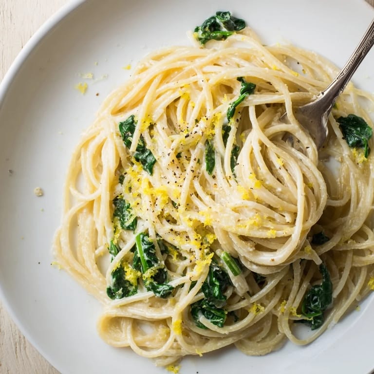 A close-up of Creamy Lemon Spinach Spaghetti, highlighting the silky sauce and vibrant green spinach leaves.