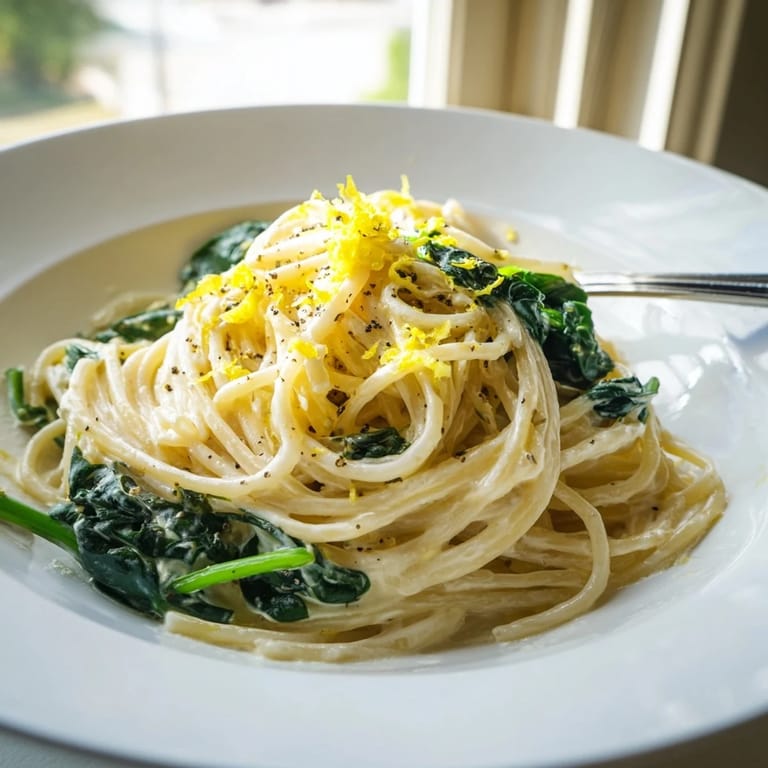 Creamy Lemon Spinach Spaghetti garnished with extra lemon zest and Parmesan, perfect for a quick vegetarian dinner.