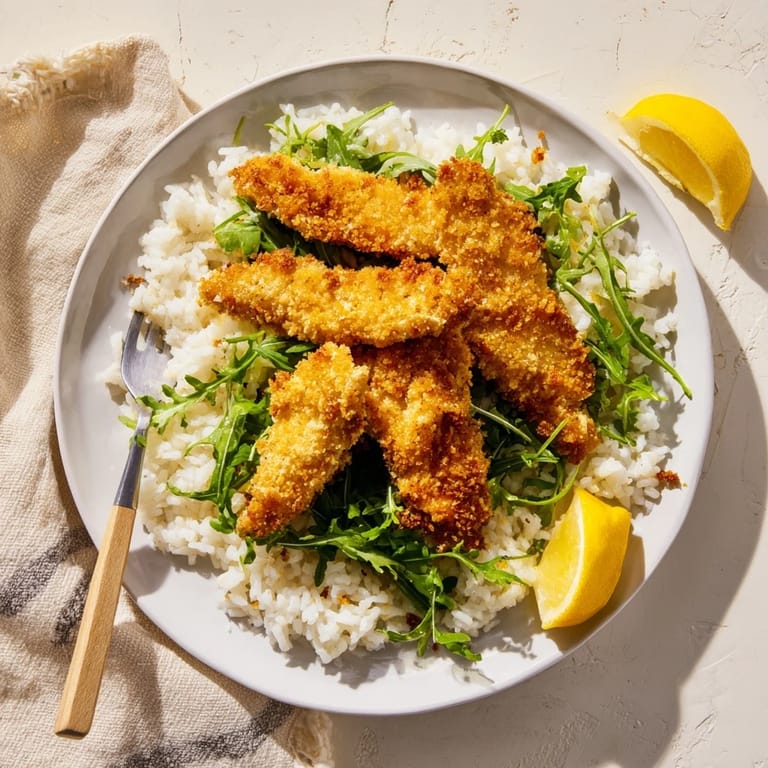 A close-up view of the Crispy Parmesan Chicken Cutlet Bowl showcasing golden breaded chicken on rice.