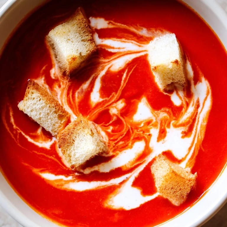 Roasted tomato soup with crispy croutons served in a rustic white bowl.