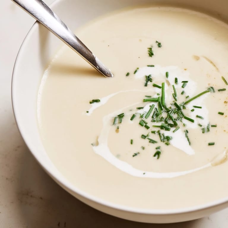 Velvety celery root bisque in a rustic ceramic bowl, topped with microgreens.