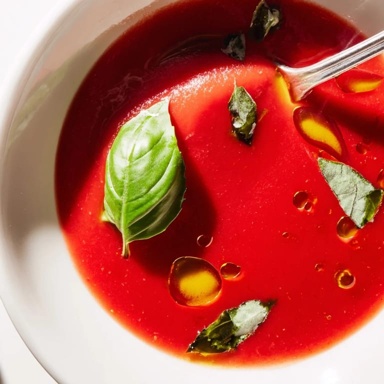 Serving suggestion for Tomato and Basil Soup: a cozy bowl paired with crusty bread for dipping, perfect for a vegetarian dinner.