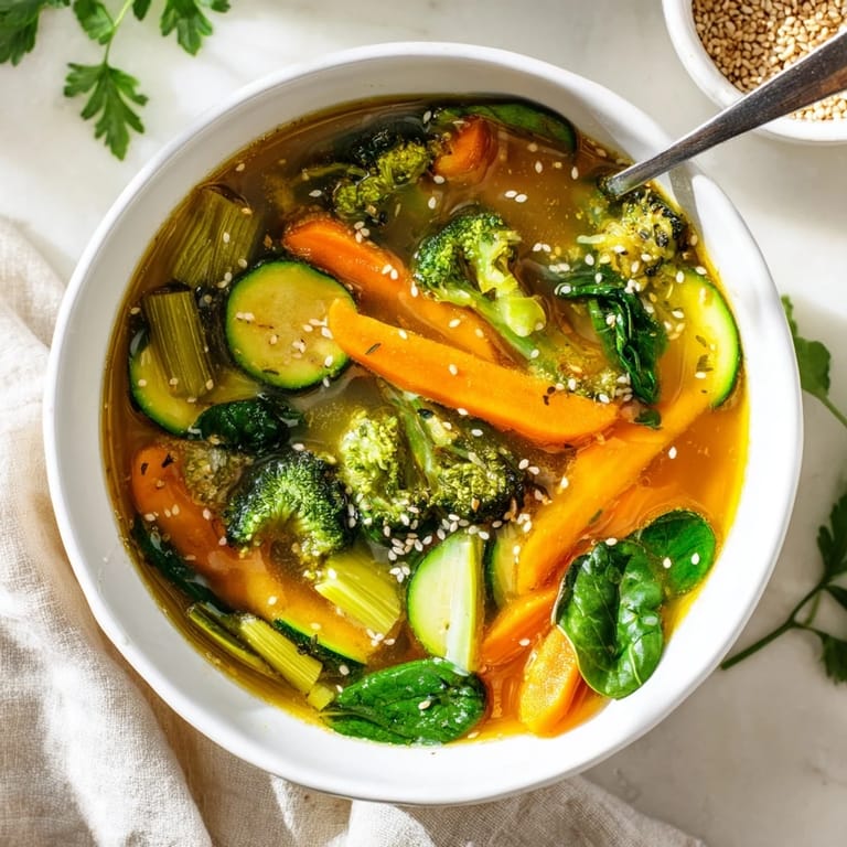 Vibrant vegetable medley in a warm, nourishing Collagen-Boosting Broth Bowl, with ginger and turmeric-infused broth and a sprinkle of sesame seeds for a comforting lunch.  
